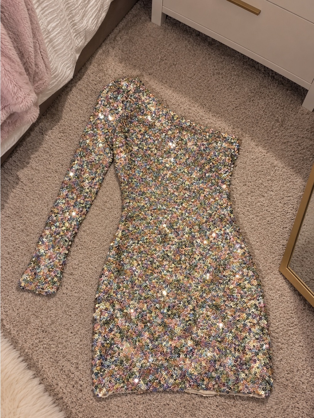 One-Shoulder Multicolor Sequin Mini Dress